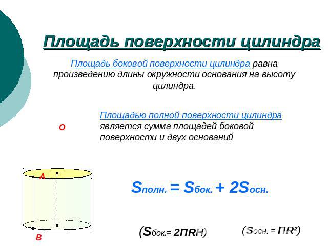 Площадь поверхности цилиндра Площадь боковой поверхности цилиндра равна произведению длины окружности основания на высоту цилиндра. Площадью полной поверхности цилиндра является сумма площадей боковой поверхности и двух оснований Sполн. = Sбок. + 2S…