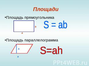 Площади Площадь прямоугольника S = ab Площадь параллелограмма S=ah