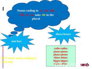 Nouns ending in -s, -ss, -sh, -ch, -x, -o, take -es in the plural one box three