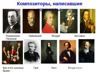 Композиторы, написавшие концерты. Рахманинов Чайковский Моцарт Бетховен Паганини
