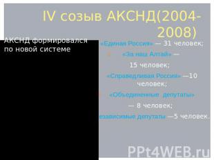 IV созыв АКСНД(2004-2008) АКСНД формировался по новой системе половина депутатов