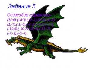 Задание 5 Созвездие «Дракона»  (12;6),(14;0),(12;-1),(9;-5),(4;-7),(1;-7),(-1;-6