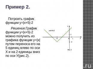 Пример 2. Потроить график функции у=|х+5|-2 Решение.График функции у=|х+5|-2 мож