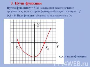 3. Нули функции Нулем функции y = f (x) называется такое значение аргумента x0,