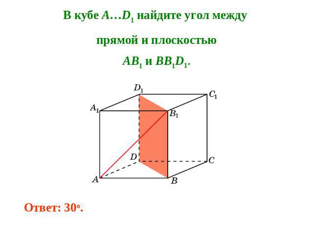 В кубе A…D1 найдите угол между прямой и плоскостьюAB1 и BB1D1.