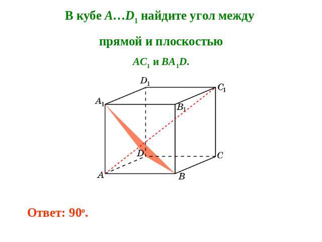 В кубе A…D1 найдите угол между прямой и плоскостьюAC1 и BA1D.