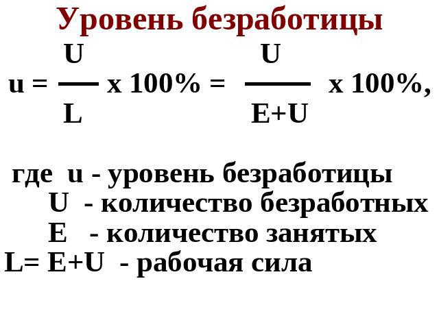 Уровень безработицы U Uu = x 100% = x 100%, L E+U где u - уровень безработицы U - количество безработных E - количество занятыхL= E+U - рабочая сила