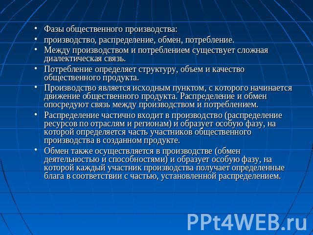 Фазы общественного производства: производство, распределение, обмен, потребление. Между производством и потреблением существует сложная диалектическая связь. Потребление определяет структуру, объем и качество общественного продукта. Производство явл…