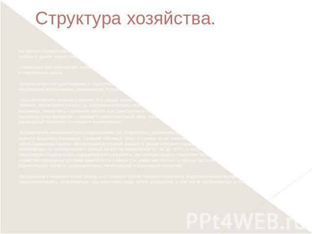 Структура хозяйства. На Урале сосредоточены мирового значения ресурсы калийных солей (Соликамская группа месторождений), имеются крупные запасы и других видов горно-химического сырья: поваренной соли (Соликамск, Соль-Илецк), серных колчеданов и т.д.…