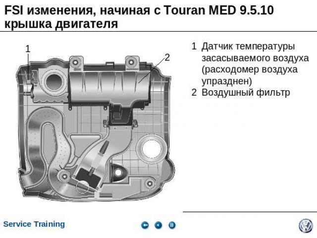 FSI изменения, начиная с Touran MED 9.5.10крышка двигателя 1Датчик температуры засасываемого воздуха (расходомер воздуха упразднен) 2Воздушный фильтр