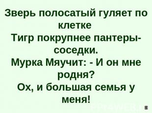 Зверь полосатый гуляет по клетке Тигр покрупнее пантеры-соседки.Мурка Мяучит: -