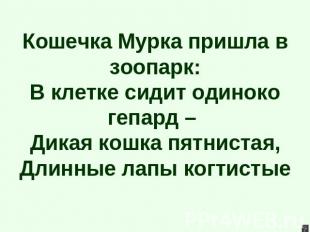 Кошечка Мурка пришла в зоопарк:В клетке сидит одиноко гепард – Дикая кошка пятни