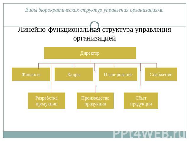 Виды бюрократических структур управления организациями Линейно-функциональная структура управления организацией