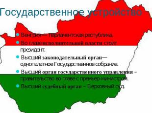 Государственное устройство Венгрия — парламентская республика. Во главе исполнит