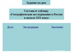 Задание на дом Составьте таблицу «Географические исследования в России в начале