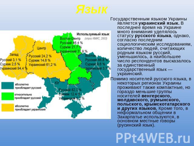 Язык Государственным языком Украины является украинский язык. В последнее время на Украине много внимания уделялось статусу русского языка, однако, согласно последним социологическим исследованиям, количество людей, считающих родным языком русский, …