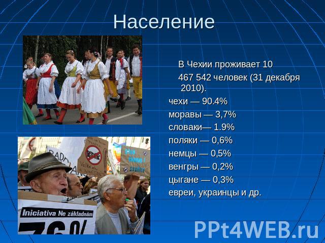 Население В Чехии проживает 10 467 542 человек (31 декабря 2010).чехи — 90.4%моравы — 3,7% словаки— 1.9%поляки — 0,6%немцы — 0,5%венгры — 0,2%цыгане — 0,3%евреи, украинцы и др.