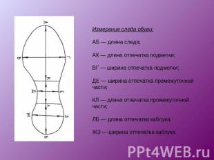 Измерение следа обуви:АБ — длина следа; АК — длина отпечатка подметки;ВГ — ширин