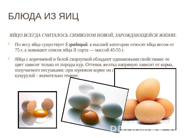 БЛЮДА ИЗ ЯИЦ ЯЙЦО ВСЕГДА СЧИТАЛОСЬ СИМВОЛОМ НОВОЙ, ЗАРОЖДАЮЩЕЙСЯ ЖИЗНИ. По весу яйца существует 5 градаций: к высшей категории относят яйца весом от 75 г, а замыкают список яйца II сорта — массой 45-55 г. Яйца с коричневой и белой скорлупкой обладаю…