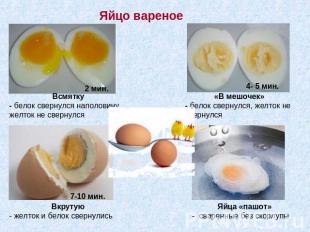 Яйцо вареное Всмятку- белок свернулся наполовину, желток не свернулся «В мешочек