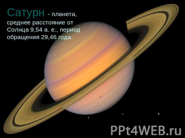 Сатурн - планета, среднее расстояние от Солнца 9,54 а. е., период обращения 29,46 года.