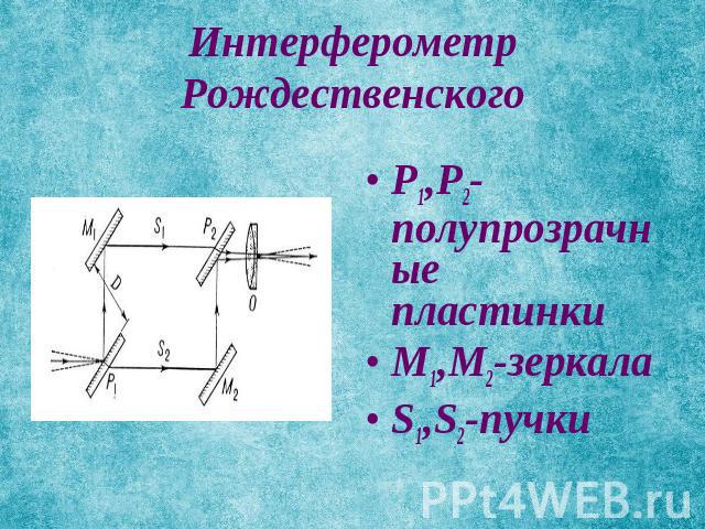 Интерферометр Рождественского P1,P2-полупрозрачные пластинкиM1,M2-зеркалаS1,S2-пучки