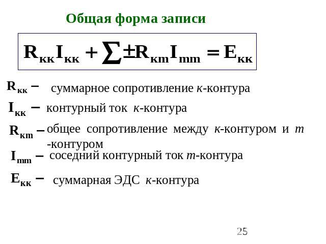 Общая форма записи суммарное сопротивление к-контураконтурный ток к-контураобщее сопротивление между к-контуром и m -контуромсоседний контурный ток m-контурасуммарная ЭДС к-контура