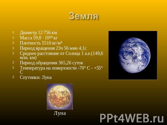 Земля Диаметр 12 756 кмМасса 59,8 · 10²³ кгПлотность 5510 кг/м³Период вращения 23ч 56 мин 4,1сСреднее расстояние от Солнца 1 а.е.(149,6 млн. км)Период обращения 365,26 сутокТемпература на поверхности -70° С - +55° ССпутники: Луна Луна