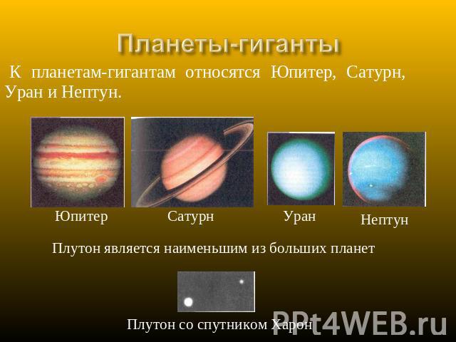 Планеты-гиганты К планетам-гигантам относятся Юпитер, Сатурн, Уран и Нептун. ЮпитерСатурнУранНептунПлутон является наименьшим из больших планетПлутон со спутником Харон