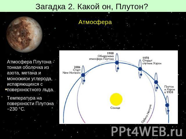 Загадка 2. Какой он, Плутон? АтмосфераАтмосфера Плутона - тонкая оболочка из азота, метана и моноокиси углерода, испаряющихся с поверхностного льда. Температура на поверхности Плутона −230 °C.