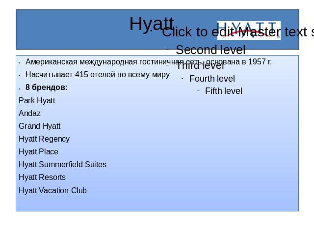 Hyatt Американская международная гостиничная сеть, основана в 1957 г.Насчитывает 415 отелей по всему миру8 брендов:Park HyattAndazGrand HyattHyatt RegencyHyatt PlaceHyatt Summerfield SuitesHyatt ResortsHyatt Vacation Club