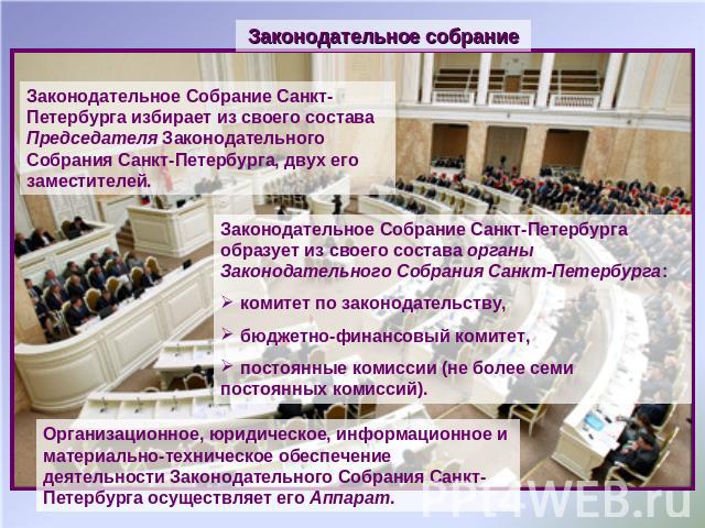 Законодательное собрание Законодательное Собрание Санкт-Петербурга избирает из своего состава Председателя Законодательного Собрания Санкт-Петербурга, двух его заместителей. Законодательное Собрание Санкт-Петербурга образует из своего состава органы…
