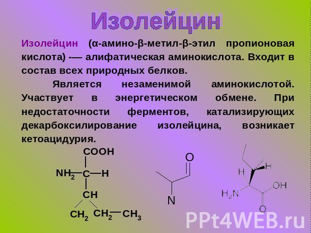 Изолейцин Изолейцин (α-амино-β-метил-β-этил пропионовая кислота) -— алифатическая аминокислота. Входит в состав всех природных белков. Является незаменимой аминокислотой. Участвует в энергетическом обмене. При недостаточности ферментов, катализирующ…