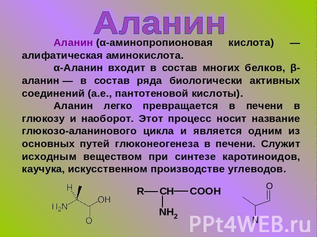 Аланин Аланин (α-аминопропионовая кислота) — алифатическая аминокислота.α-Аланин входит в состав многих белков, β-аланин — в состав ряда биологически активных соединений (а.е., пантотеновой кислоты).Аланин легко превращается в печени в глюкозу и нао…