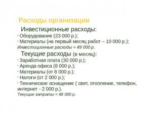 Расходы организации Инвестиционные расходы: Оборудование (23 000 р.); Материалы