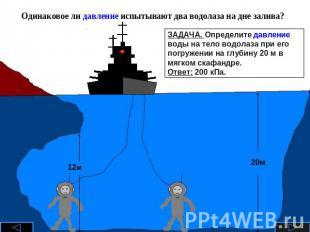Одинаковое ли давление испытывают два водолаза на дне залива? ЗАДАЧА. Определите