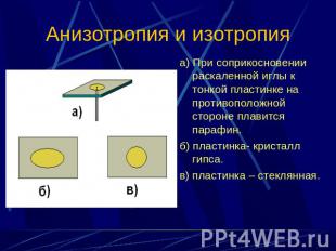 Анизотропия и изотропияа) При соприкосновении раскаленной иглы к тонкой пластинк