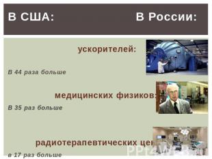В США: В России: ускорителей:В 44 раза большемедицинских физиков:В 35 раз больше
