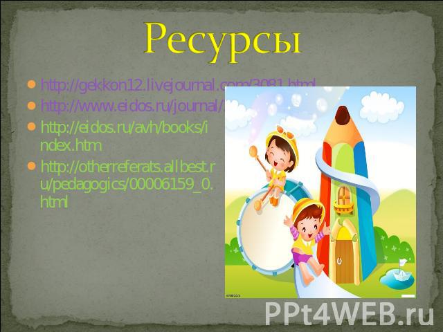 Ресурсы http://gekkon12.livejournal.com/3081.htmlhttp://www.eidos.ru/journal/2006/1028.htmhttp://eidos.ru/avh/books/index.htmhttp://otherreferats.allbest.ru/pedagogics/00006159_0.html