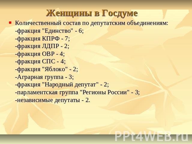 Женщины в Госдуме Количественный состав по депутатским объединениям:-фракция 