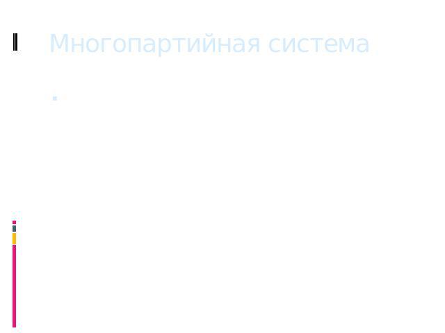 Многопартийная система Предполагает реальную борьбу за власть более чем двух партий. В конечном счете раздробленность политических сил приводит партии со сходной политической ориентацией к необходимости поиска компромисса и объединения для создания …