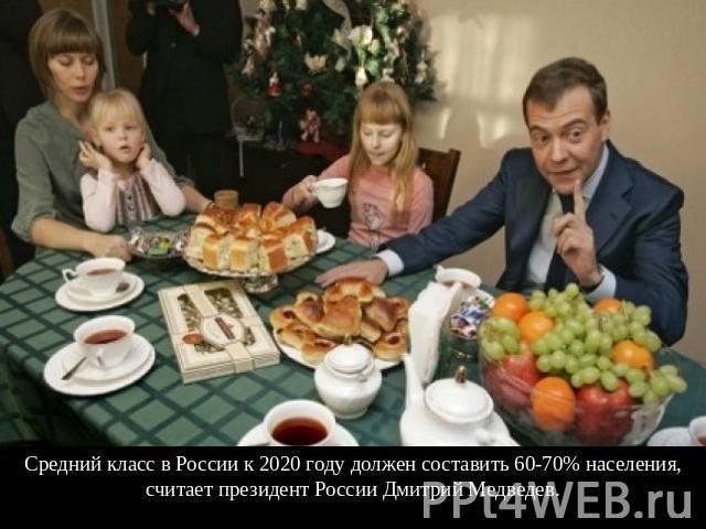 Средний класс в России к 2020 году должен составить 60-70% населения, считает президент России Дмитрий Медведев.