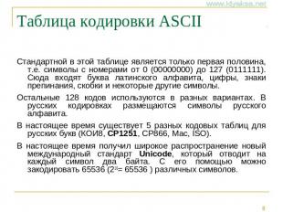 Таблица кодировки ASCII Стандартной в этой таблице является только первая полови