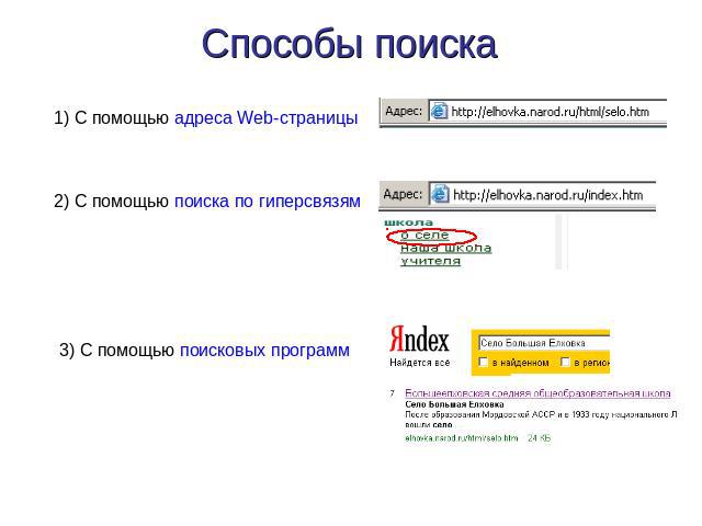 Способы поиска 1) С помощью адреса Web-страницы 2) С помощью поиска по гиперсвязям 3) С помощью поисковых программ