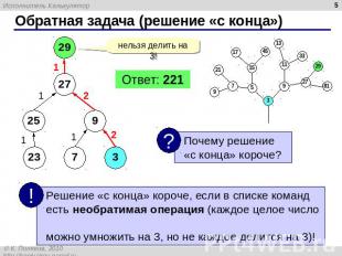 Обратная задача (решение «с конца»)нельзя делить на 3!Ответ: 221 Почему решение