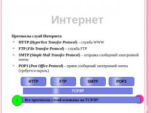 Интернет Протоколы служб Интернета HTTP (HyperText Transfer Protocol) – служба W