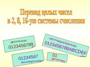 Перевод целых чисел в 2, 8, 16-ую системы счисления десятичная 0123456789 012345