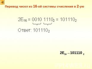 Перевод чисел из 16-ой системы счисления в 2-ую 2E16→101110 2