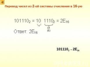 Перевод чисел из 2-ой системы счисления в 16-ую 1011102→2E16