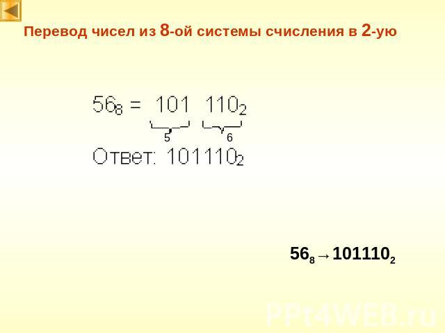 Перевод чисел из 8-ой системы счисления в 2-ую 568→1011102